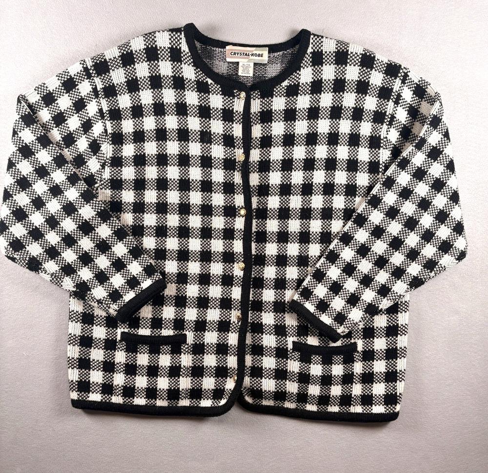 Vintage Crystal Kobe Women's XL Black White Gingham Cardigan Sweater